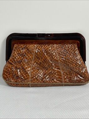 Vintage Clutch Bag I. Magnin Snakeskin Tortoise Lucite Trim Top Closure Handbag